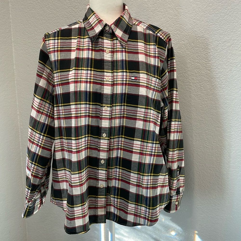 Tommy Hilfiger Classic Blue Red & White Plaid Cotton Button Down Shirt Size 12